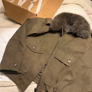 Zara Olive Green Bomber Jacket with Faux Fur Collar